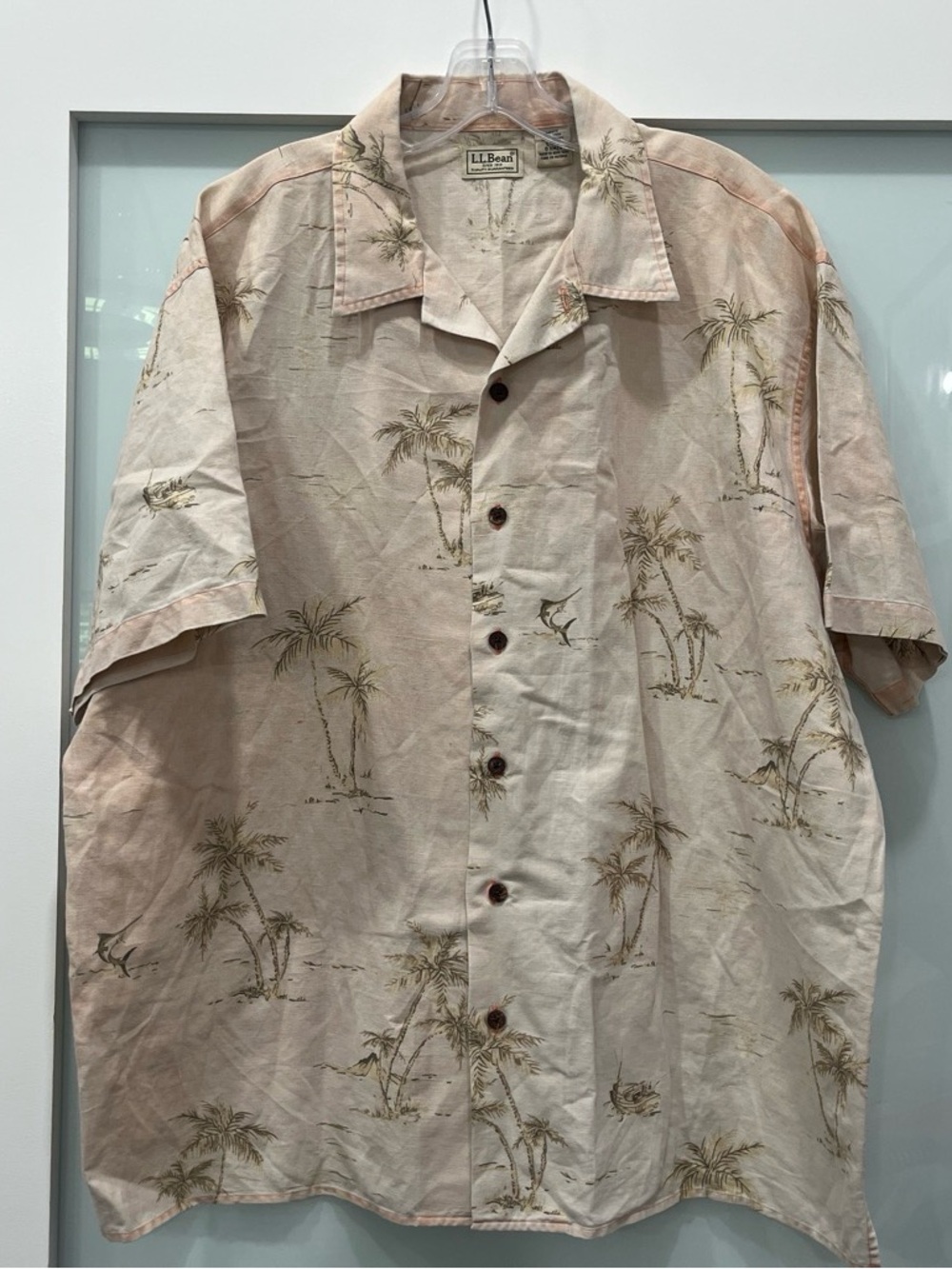 L.L. Bean Light Peach Hawaiian Palm-Print Shirt, Size Large